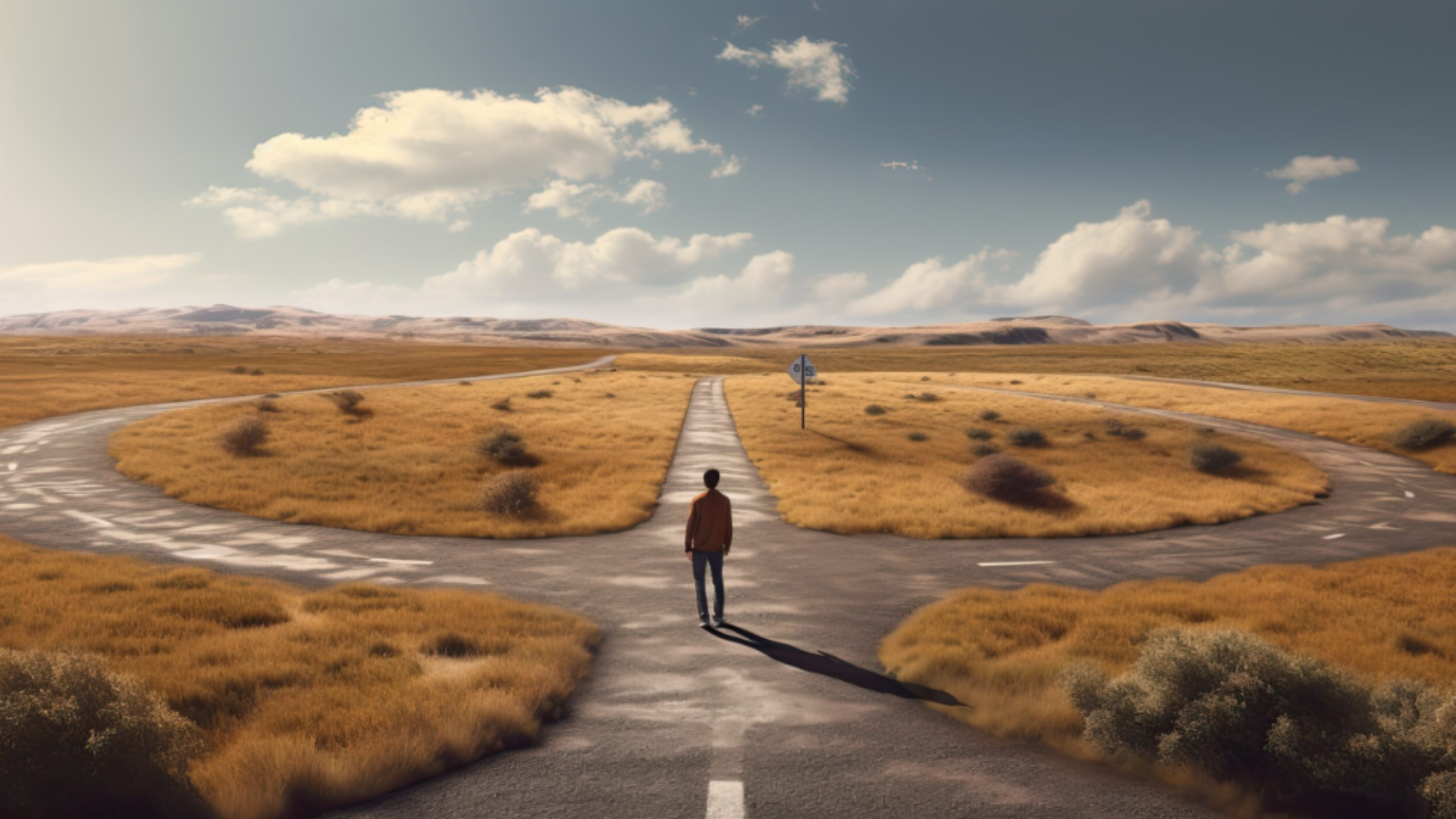 Person standing at a cross road, making a descision. Transition from corporate to entrepreneur