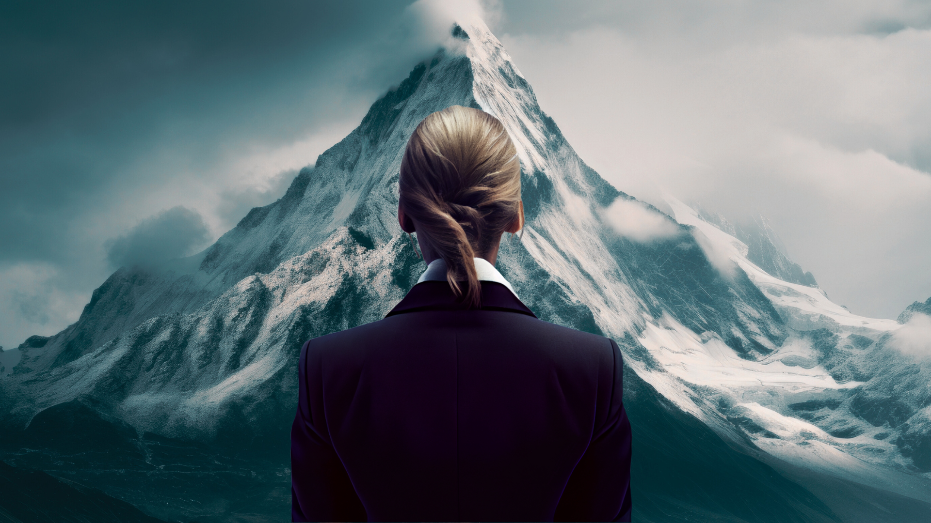 Woman standing in front of a mountain. Overcoming fear.