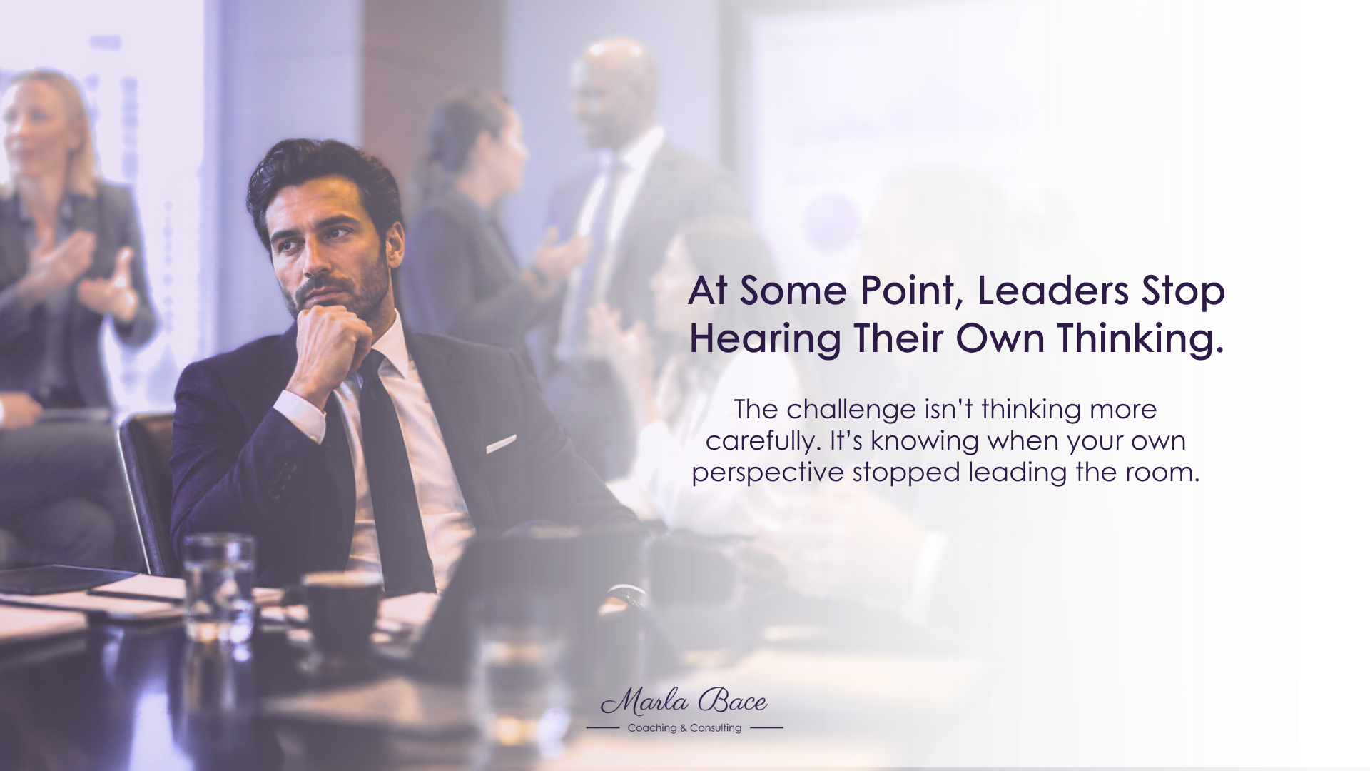 Executive reflecting during complex leadership discussion